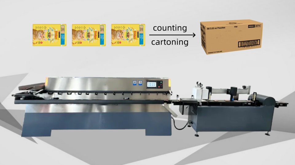 Wet cat food bag/sachet sorter counter cartoner machine