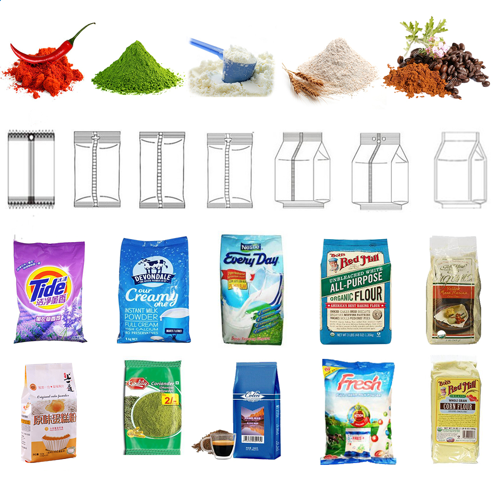 packing machine is suitable for ultra-fine powdery materials. Such as: milk powder, coffee powder, seasoning powder, milk tea powder, protein powder, bean powder etc.  According to customer needs,the bag types can be changed：back seal, three sides seal, four side seal.